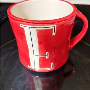 Anthropologie hand painted Red Ceramic Monogram 'E' Mug